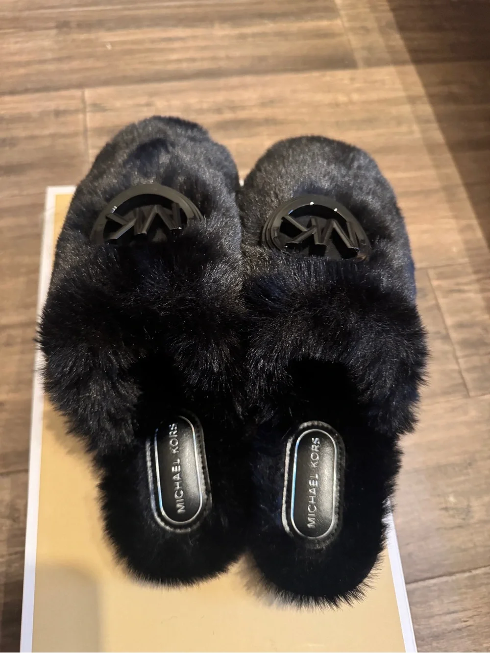 Michael Kors Black Faux-Fur Slip-On Slippers Ada Charm